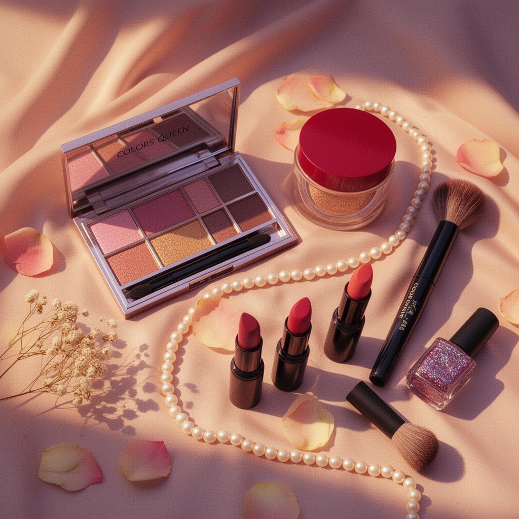 Editorial lifestyle flat-lay of Colors Queen makeup — eyeshadow palette, cushion foundation, lipsticks, mascara and nail polish on blush silk